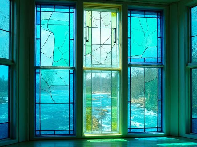 Fargede glassvinduer i et badehus